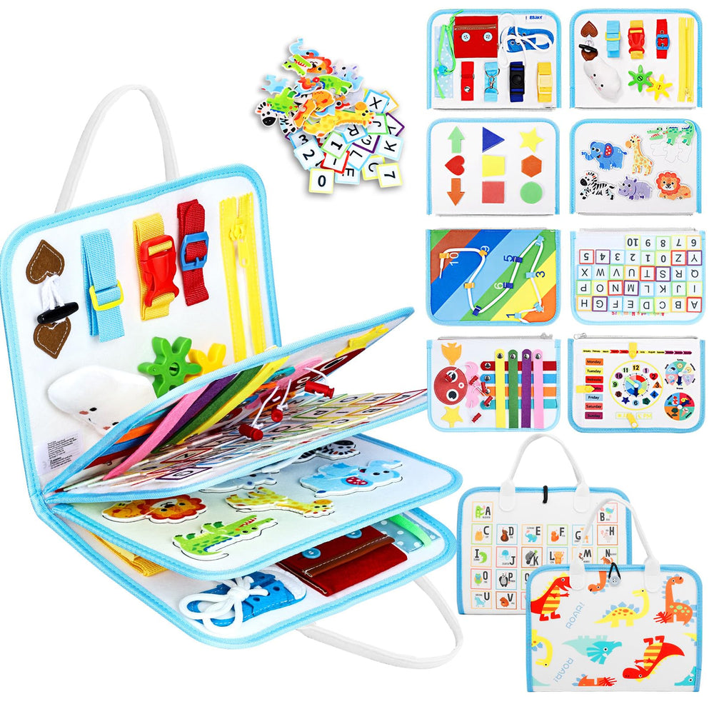 Esjay Toddler Busy Board Dinosaur zipper page promotes fine motor practice during play.