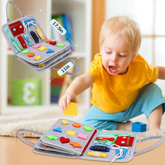 Esjay Busy Board portable handle enables travel play in car or plane.