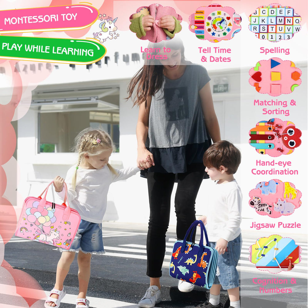 Esjay portable Busy Board with soft fabric and handle for travel
