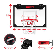 Door-mount setup of ESPN mini basketball hoop in a compact space.