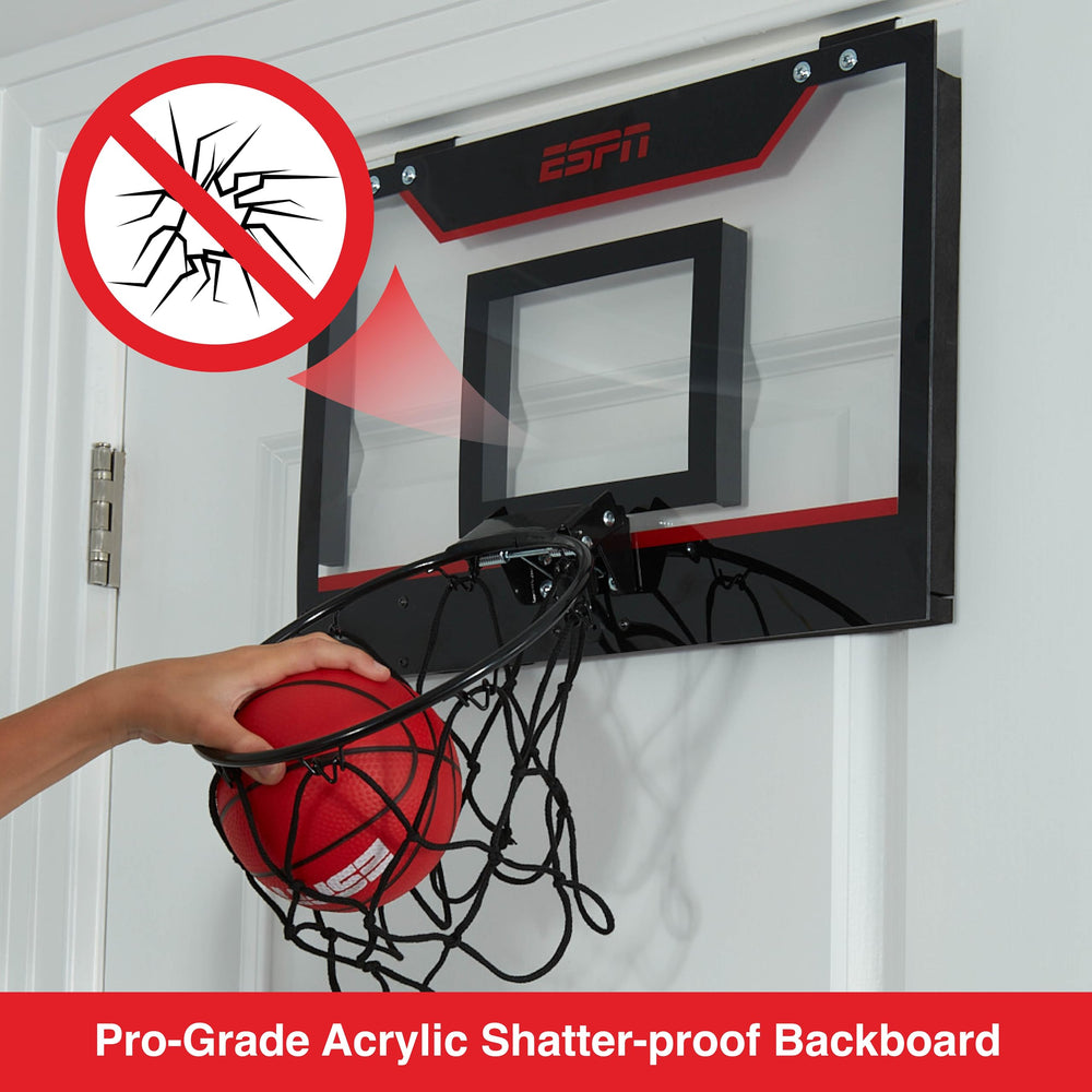 Foldable breakaway rim on ESPN hoop shown during action.
