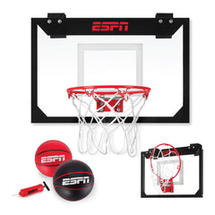 ESPN mini basketball hoop backboard mounted on a door for indoor play.