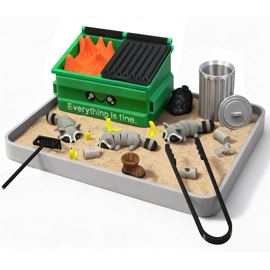 Estairkas Dumpster Fire Zen Garden on a desk scene adds humor and quick focus during work