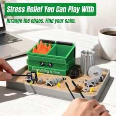 Estairkas Dumpster Fire Zen Garden sand texture invites tactile relief between emails and meetings