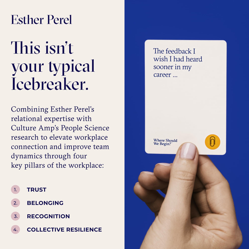 ESTHER PEREL at Work cards on a desk during team discussion