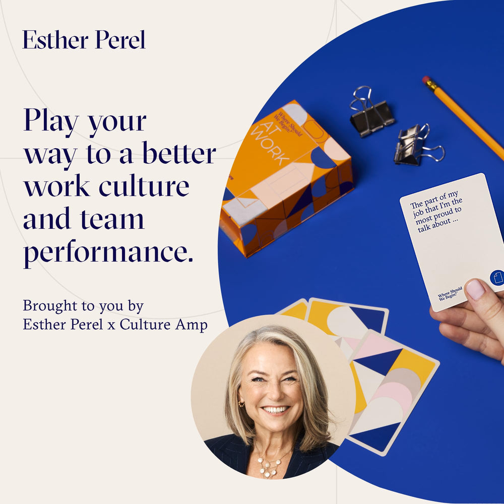 ESTHER PEREL Where Should We Begin? at Work card spread encouraging group storytelling