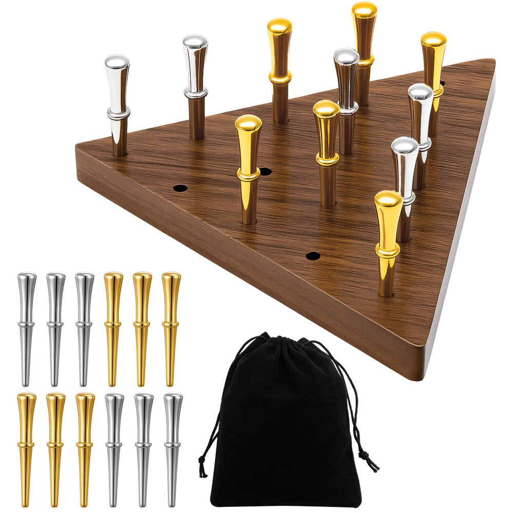 Estune triangle peg game board in black walnut, ideal for family game nights.