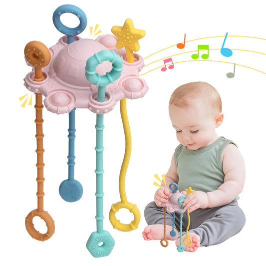 ETETOO Montesorri pull-string pink toy for teething and tactile exploration.
