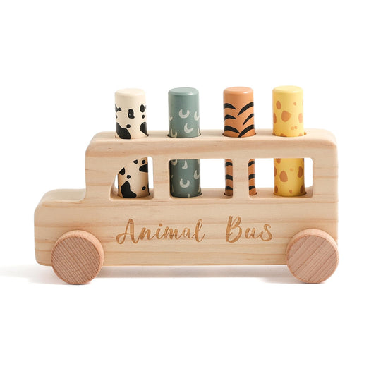 Etucdose wooden pop-up toy bus with natural wood finish for safe tactile play