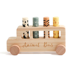 Etucdose wooden pop-up toy bus with natural wood finish for safe tactile play