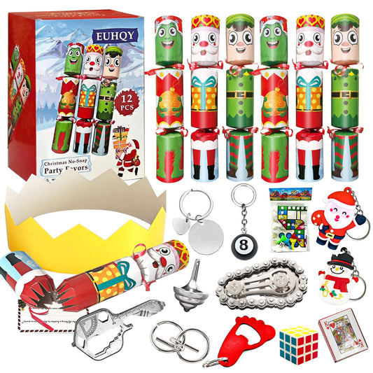 EUHQY 12-pack 10-inch Christmas non-snap favors on a festive table.