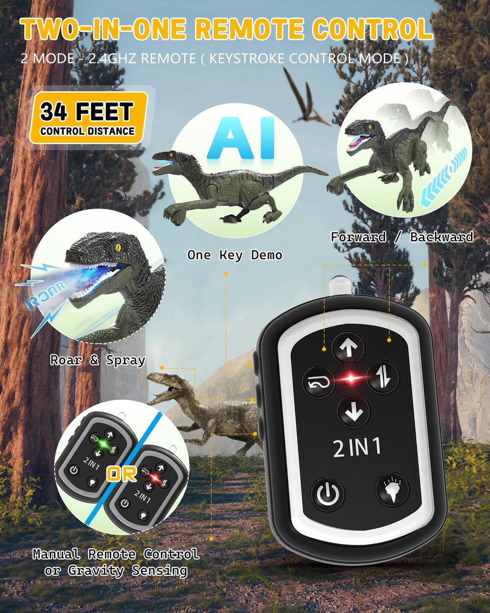 Eulogia RC dinosaur car illuminated lights enhance nighttime fun.