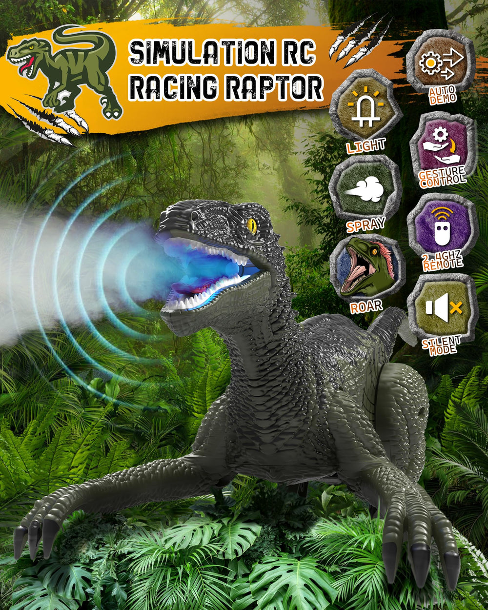 Eulogia RC dinosaur car walking action showing realistic leg movement.