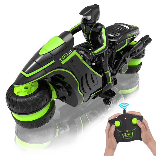 Eulogia RC motorcycle with 360-degree spin for indoor and outdoor stunts.
