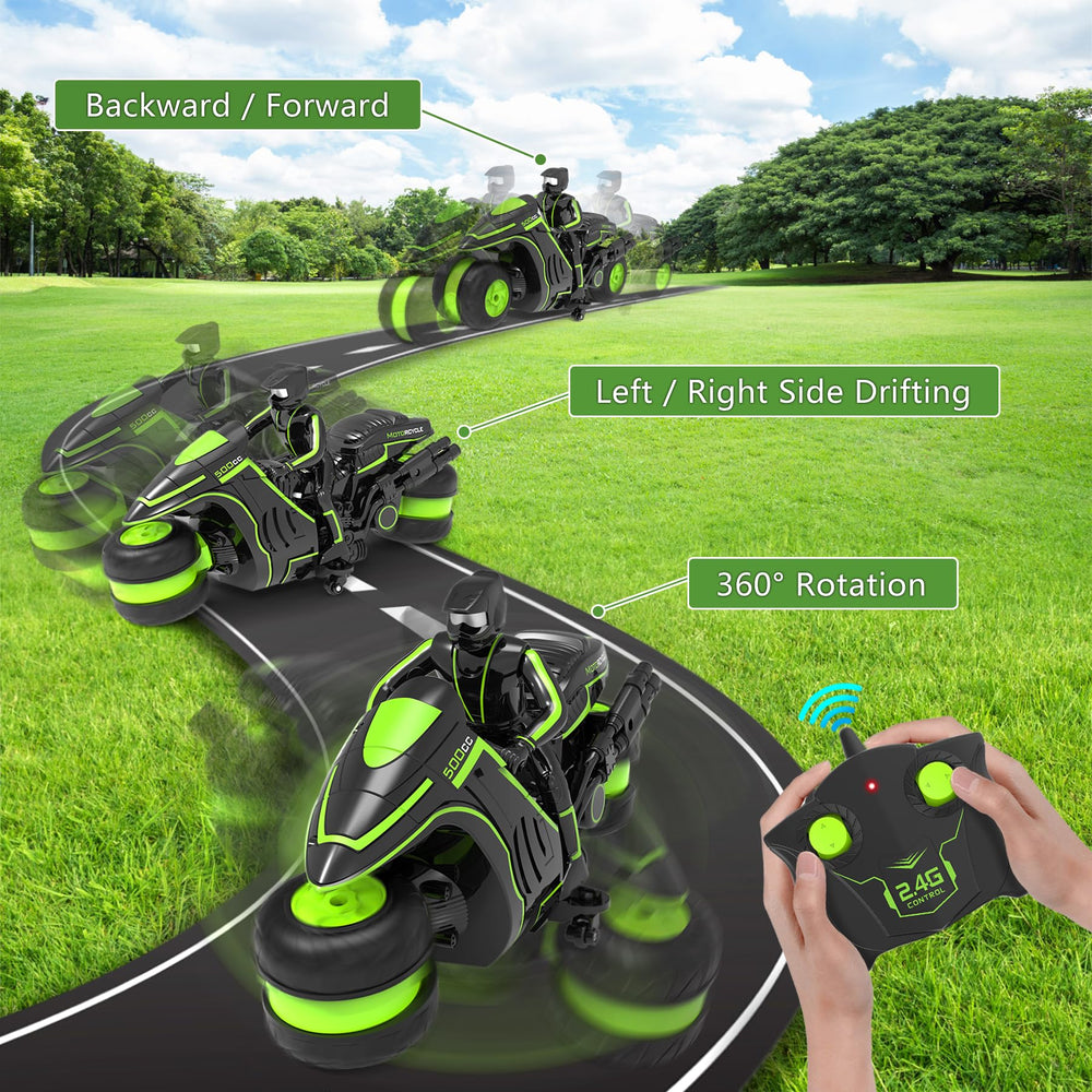 Eulogia RC motorcycle with a durable shell and non-slip tires for safe action.