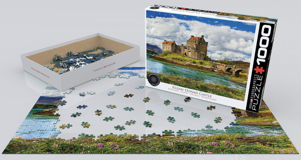Finished EuroGraphics Eilean Donan Castle puzzle ready for display.