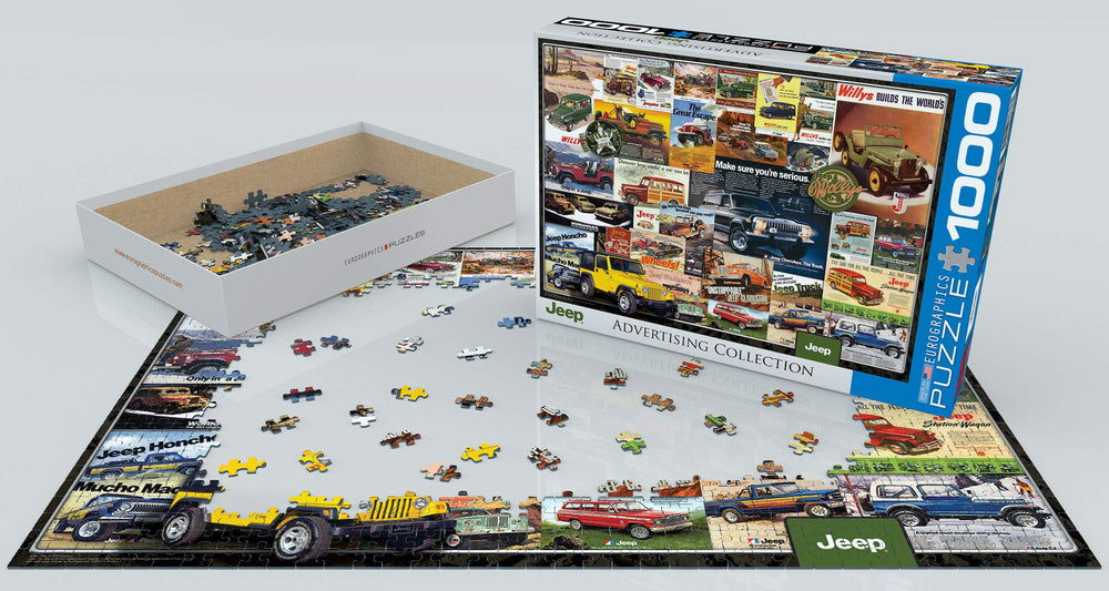 EuroGraphics Jeep Advertising Collection puzzle pieces image emphasizes high-quality blue board and durable construction.