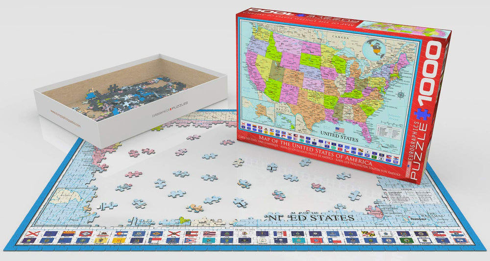 EuroGraphics Map of The USA finished puzzle illustrating capitals and state flags