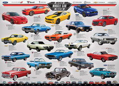EuroGraphics Muscle Car Evolution puzzle pieces arranged for collaborative, hands-on assembly and brain training.