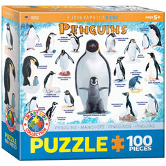 EuroGraphics penguins 100-piece puzzle box, durable packaging for easy storage.