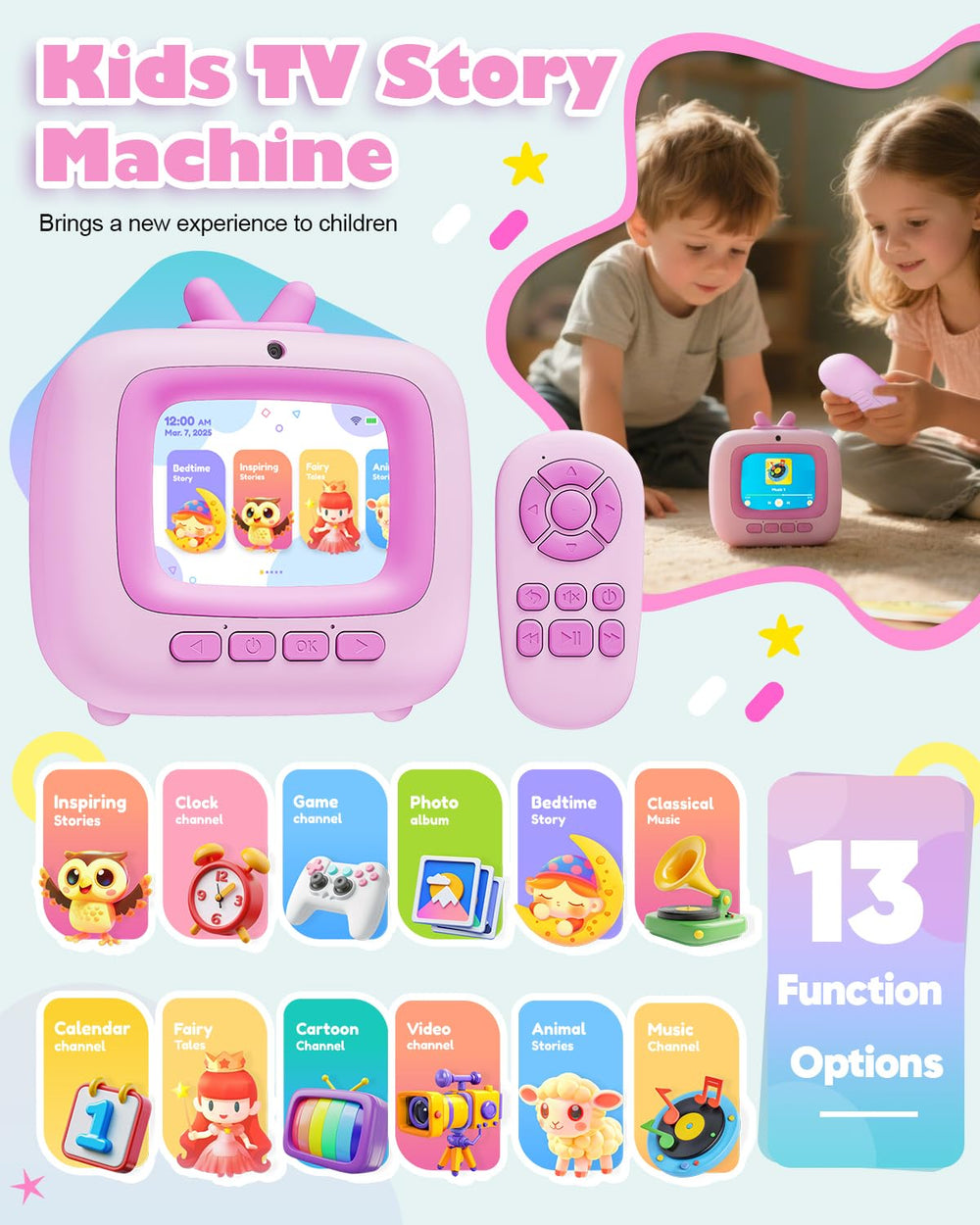 Eveedo Story Machine screen display showing stories and songs for imaginative learning