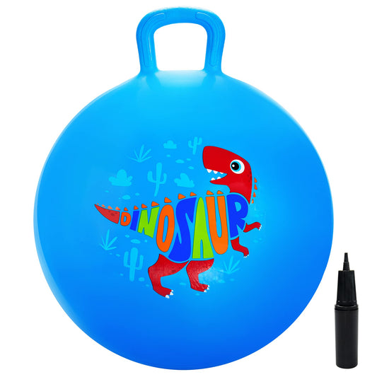 EVERICH TOY Hopper Ball with dinosaur blue handle, front view, promotes active outdoor play.