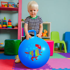 Blue dinosaur hopper ball packaging shown, gift-ready and party-friendly.