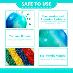 Colorful clouds pattern on the hopper ball adds fun to playtime.
