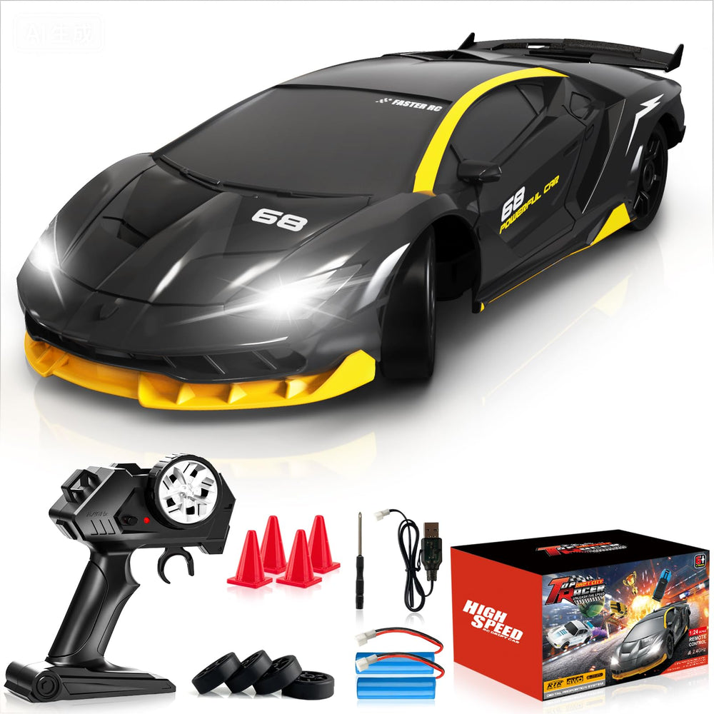 EversaleT RC drift car front lights illuminate night racing and action.