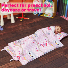 EVERYDAY KIDS Nap Mat with Removable Pillow Sweet Owls – Rollup Design for Preschool & Daycare (Ages 3–6)