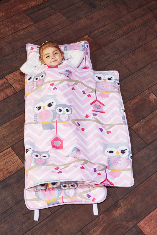 EVERYDAY KIDS Nap Mat with Removable Pillow Sweet Owls – Rollup Design for Preschool & Daycare (Ages 3–6)