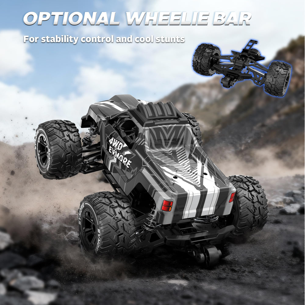 Evmore 1/16 brushless RC car battery compartment with dual 2S packs.