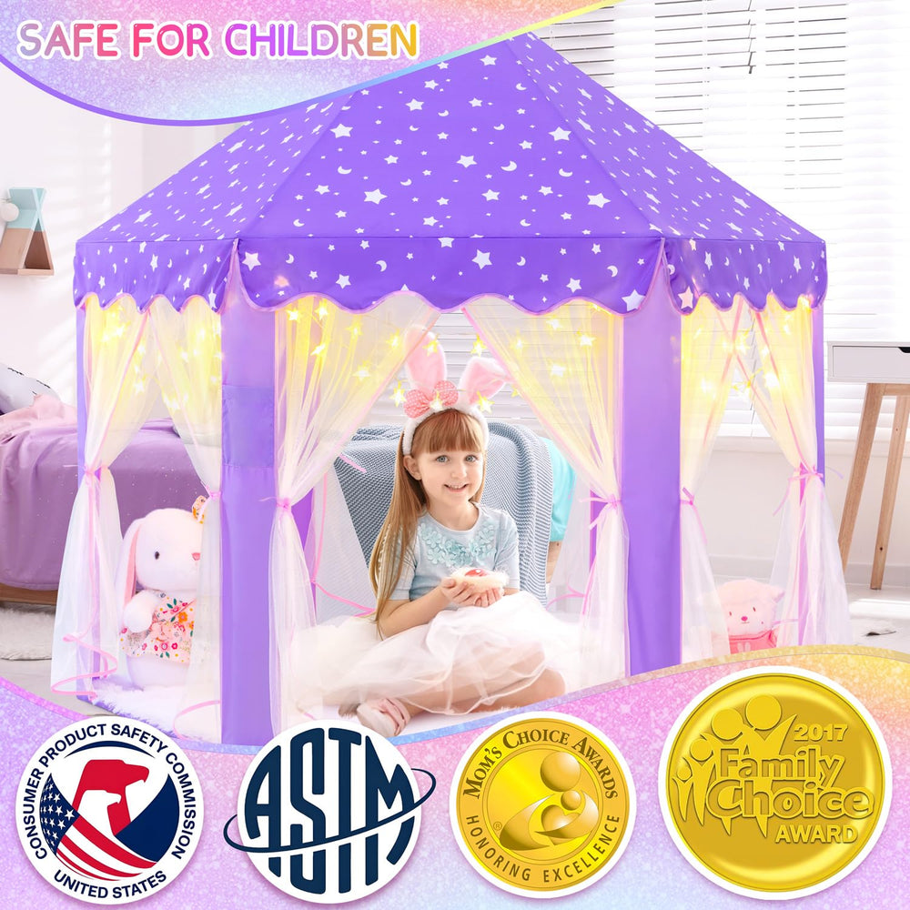 EVOIONOS princess tent interior with star lights for magical storytelling moments.