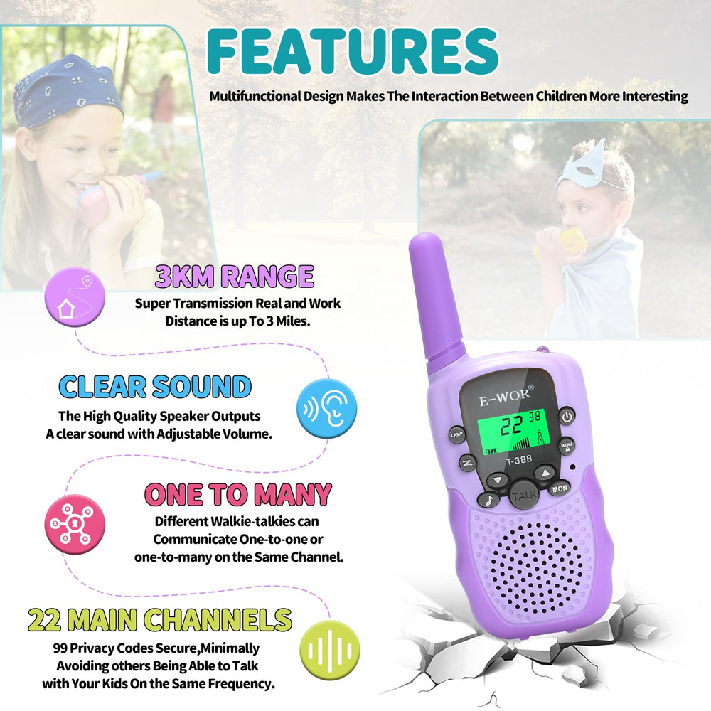E-WOR walkie talkies with USB charging cables for convenient recharge