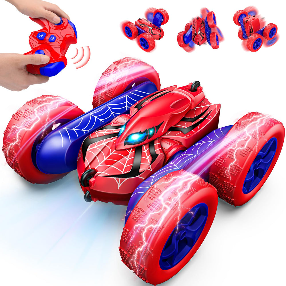 Excitobo remote control car performing a 360° stunt on carpet, ideal indoor fun