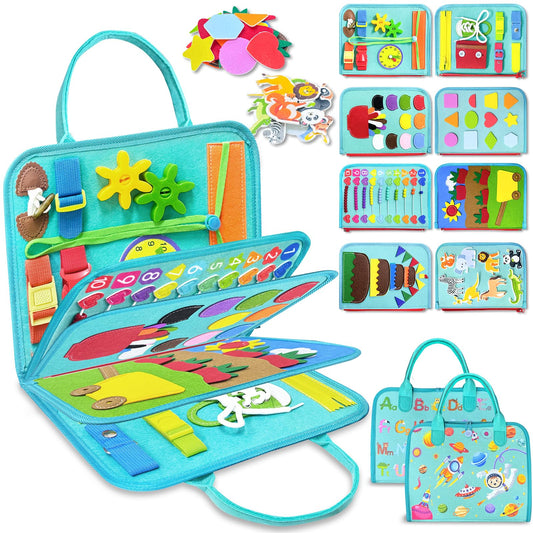 Exorany Busy Board with 8 pages promotes diverse toddler activities.