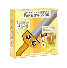 Exploding Kittens fake swords duel scene for family-friendly fun.