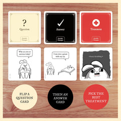 Exploding Kittens Horrible Therapist art by The Oatmeal highlighted on select cards.