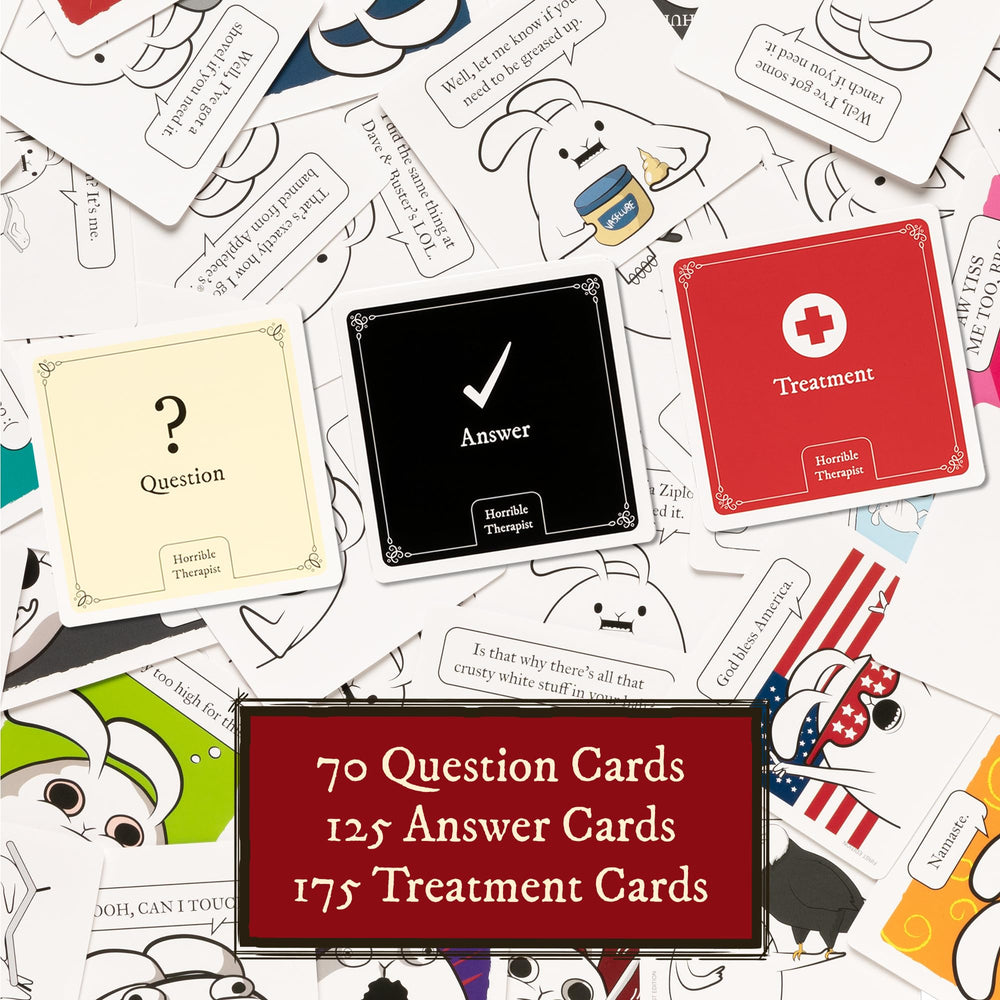 Exploding Kittens Horrible Therapist treatment cards showcased for punchy punchlines during play.