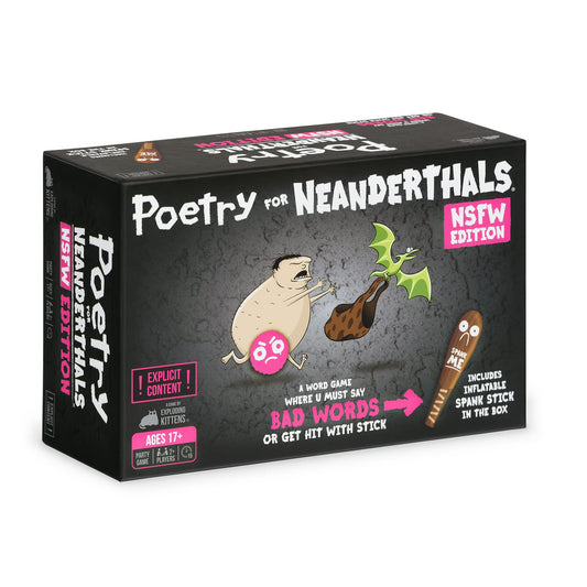 Exploding Kittens Poetry for Neanderthals NSFW Edition cards laid out for fast, irreverent word guessing