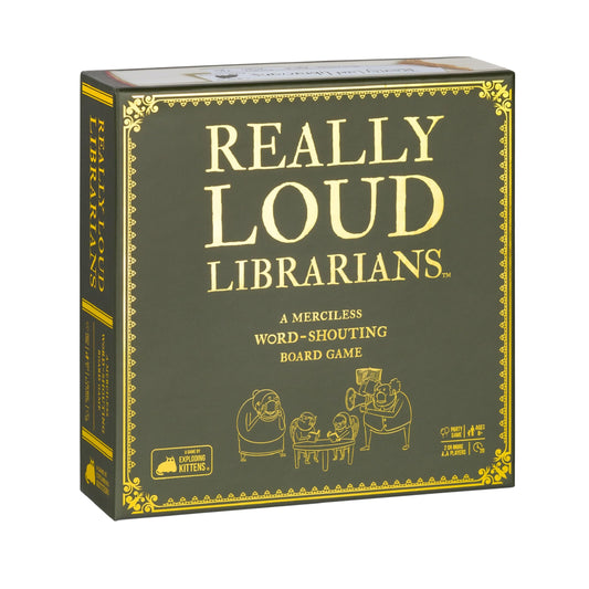 Exploding Kittens Really Loud Librarians game board for fast word battles during family game night