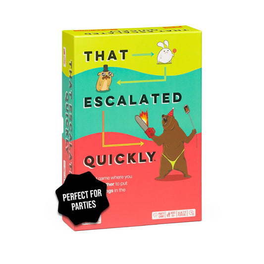 That Escalated Quickly cover art from Exploding Kittens, ideal for lively family game nights.