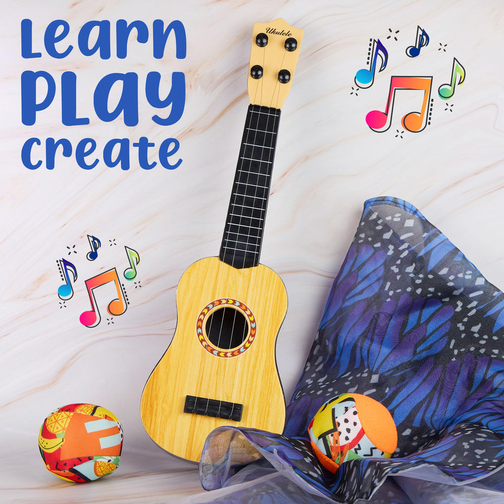 EXPRESSIONS My First Ukulele wood grain detail with playful toy design.