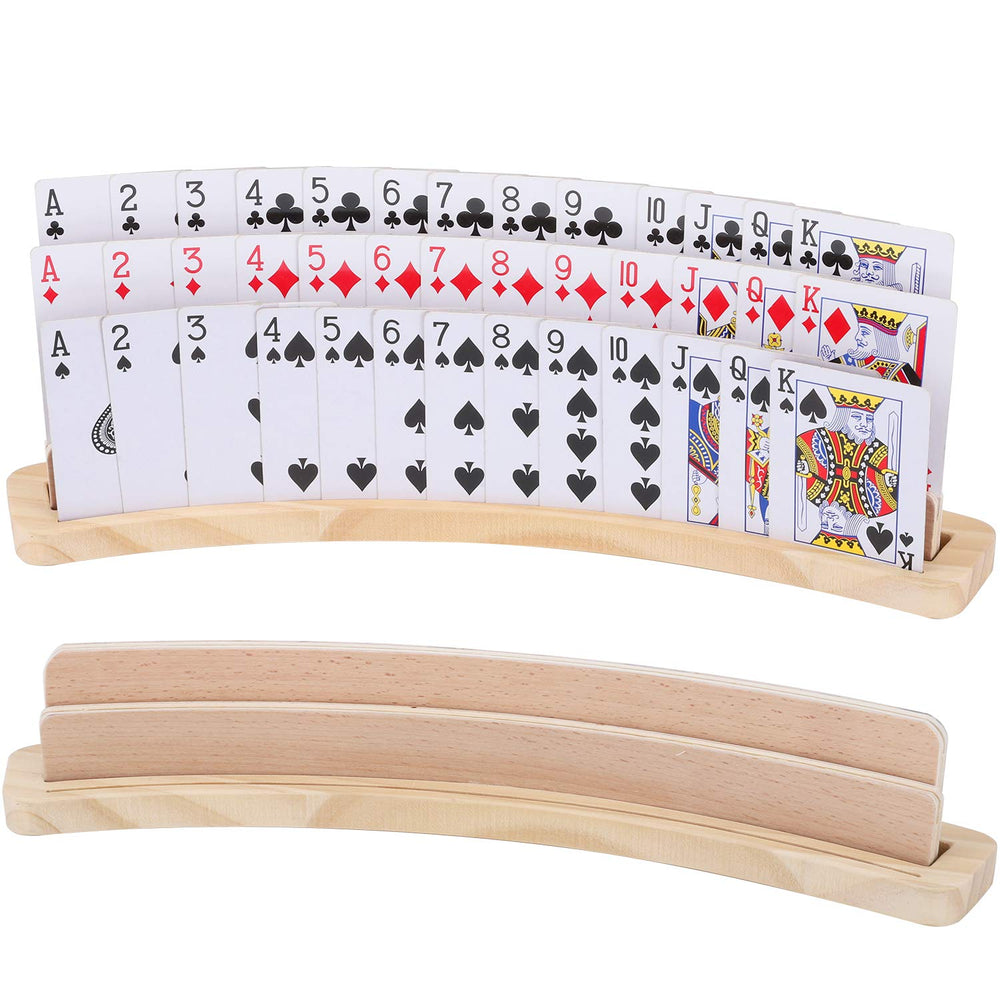 Exqline curved wooden card holder front view with three slots for easy visibility