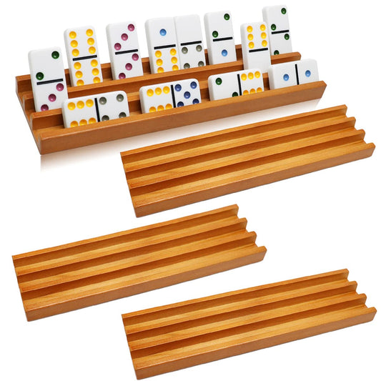 Exqline domino racks front view show four organized trays for Mexican Train play