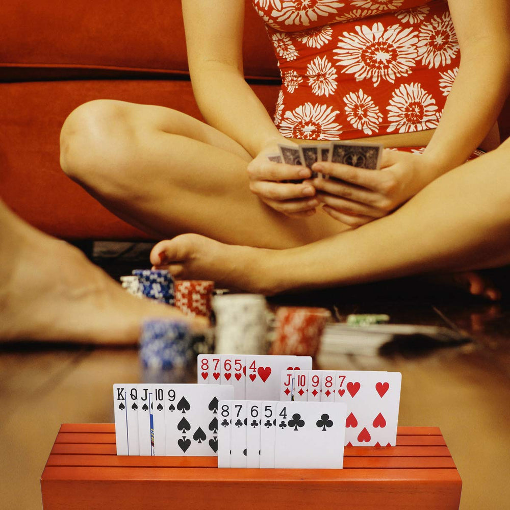Exqline extended card holder shows 13.8-inch length for Bridge and Canasta.