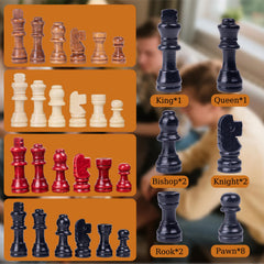 Extguds chess pieces stored neatly in a wooden box for quick setup and transport.