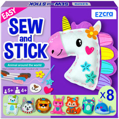 EZCRA Unicorn Sewing Kit contents for kids with safe tools and colorful supplies.