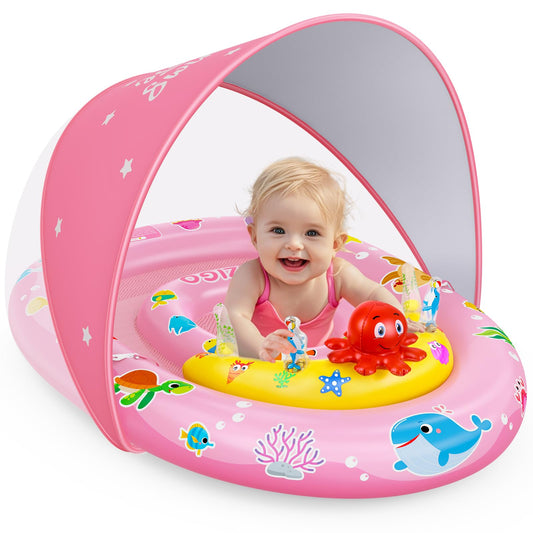 EZIGO baby pool float with canopy provides UPF50+ shade for sunny days.