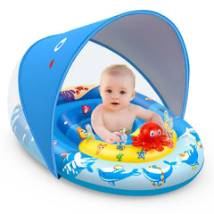 EZIGO Baby Pool Float with Canopy shields skin from sun during sunny days.